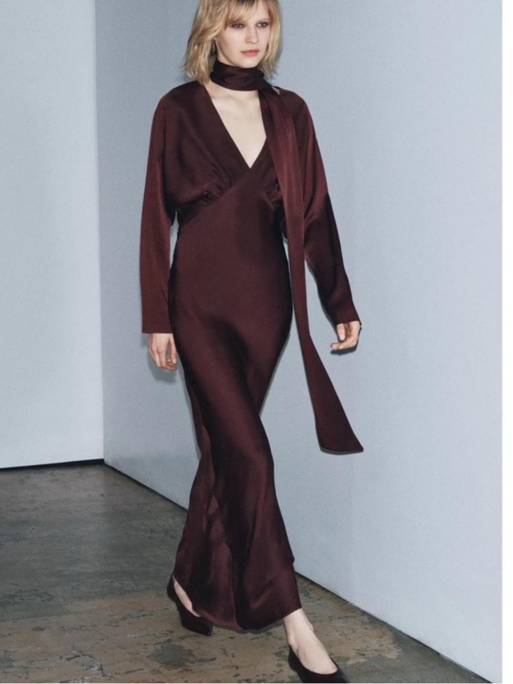 Zara Wine Burgundy V-Neck Wrap Maxi Dress with Scarf